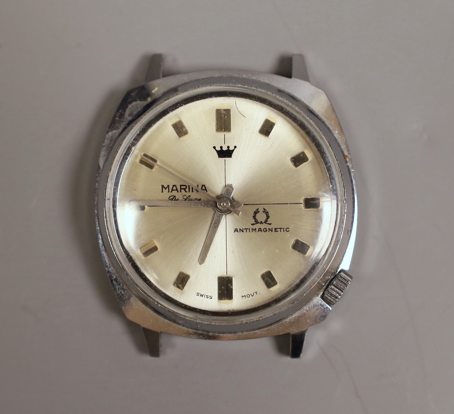 A gentleman's stainless steel J.W. Benson automatic wrist watch, a J.W. Benson stainless steel manual wind wrist watch and a steel Marina watch (lacking strap).